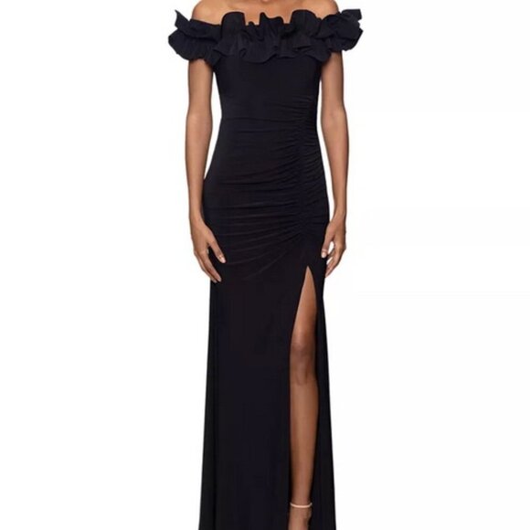 Xscape Black Ruffle Off the Shoulder Scuba Crepe Gown - Picture 1 of 4